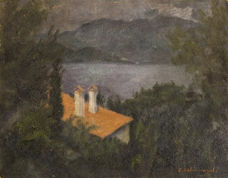 ENRICO ALIMANDI (1910-1984) Lago di Avigliana Olio su tavola Cm 25x31,5 Firma...