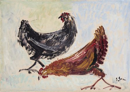 GIUSEPPE SUCCI Galline, 1972 Olio su tela Cm 50x70 Firma al fronte Timbro...